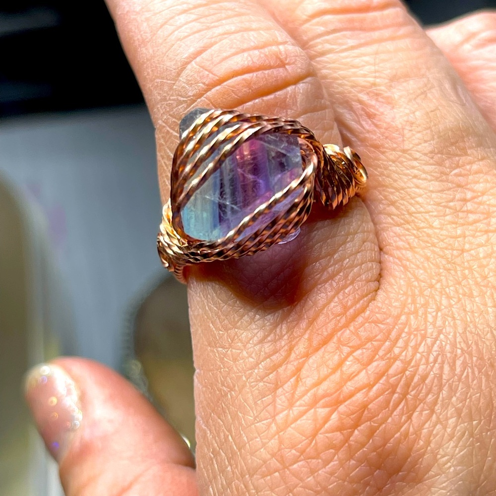 Handmade Rainbow Fluorite copper wrapped ring❤️🧡💛💚💙💜